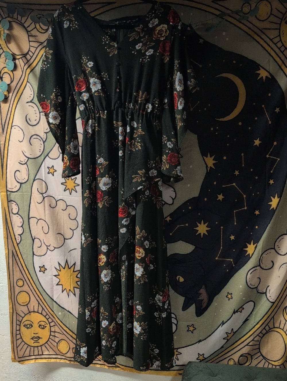 Simple Olive Green Floral Dress with Rust and Light Blue Accents